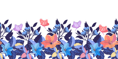 Fototapeta na wymiar Vector floral seamless pattern, border. Blue. pink, coral color flowers, blue leaves, butterflies isolated on a white background. For decorating any surfaces, cards, banners.