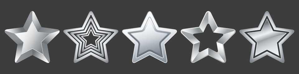 Set of different silver ranking stars. Silver stars collection isolated on black background. Suitable for  game user interface, icons, award and rank. Vector illustration EPS10