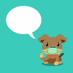 Cartoon character brown dog wearing protective face mask with speech bubble for design.