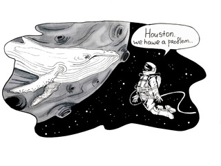 black and white picture drawn by hand with markers. Astronaut in outer space met a whale