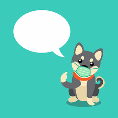 Cartoon character shiba inu dog wearing protective face mask with speech bubble for design.