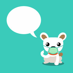 Cartoon character white dog wearing protective face mask with speech bubble for design.