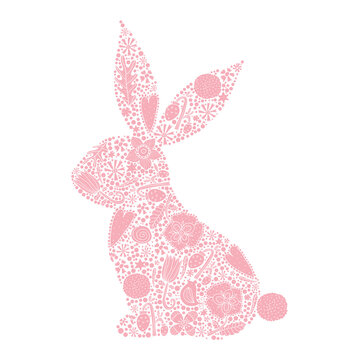 Floral pink silhouette of an Easter Bunny. Cute vector illustration.