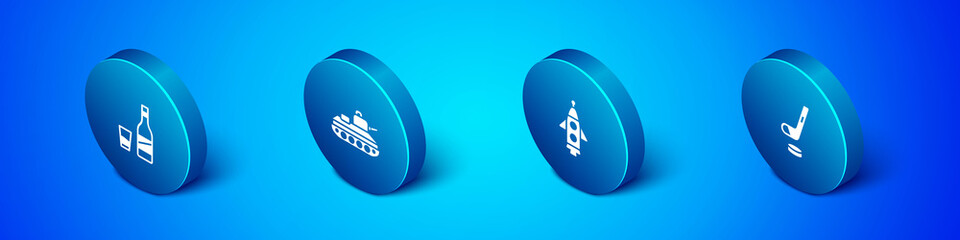Set Isometric Bottle of vodka with glass, Rocket ship, Ice hockey stick and puck and Military tank icon. Vector