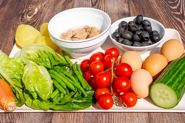  Salad ingredients Tuna, Eggs, Potatoes, Green Beans, Cherry Tomatoes and Black Olives. Healthy food