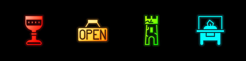 Set Medieval goblet, Hanging sign with Open, Castle tower and Glass showcase for exhibit icon. Vector
