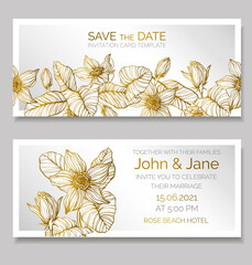 Floral horizontal wedding invitation design or greeting card templates with golden flowers on light background.