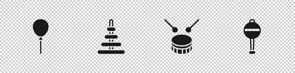 Set Balloons with ribbon, Pyramid toy, Drum drum sticks and Rattle baby icon. Vector
