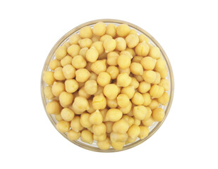 Chick peas in glass bowl isolated on white background, top view