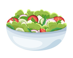 Homemade salad with healthy fresh vegetables: tomatoes, cucumbers, lettuce, onions, feta