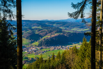 Germany, Schwarzwald black forest panorama view between tree trunks, high above the houses of...