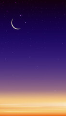 Night Sky with Crescent Moon and Stars Shining, Vertical Dramatic Dark Blue,Purple and Orange Sky, Beautiful view of Dusk Sky and Twilight, Vector Islamic religion for Ramadan month background