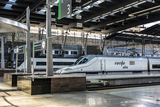 Railway platform at Malaga central railway station (Estacion de Maria Zambrano). MALAGA, SPAIN. June 8, 2018.