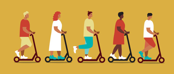 Fototapeta na wymiar People on e-scooter isolated, flat vector stock illustration with electro scooter as eco friendly transport for young, adults, old men and women
