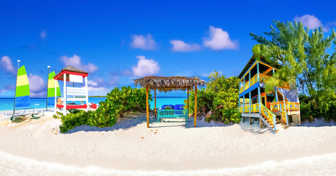 Half Moon Cay - small Caribbean island at Bahamas. Blue water and white sand. Collage