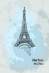 Fototapeta na wymiar Colorful vector Eiffel tower, famous landmark of Paris, France. Vector illustration isolated on watercolor background. Paris travel concept. Stock illustration.