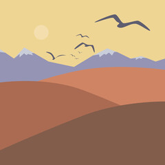 Minimalist landscape with sun, mountains and birds. Flat design. Vector illustration.