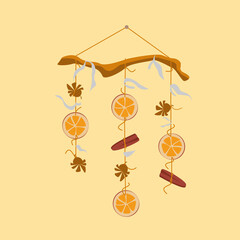 Handmade mobile with cones, oranges and cinnamon sticks. Decorative elements. Nature concept. Vector illustration.