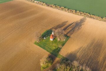 aerial photo of a small chapel