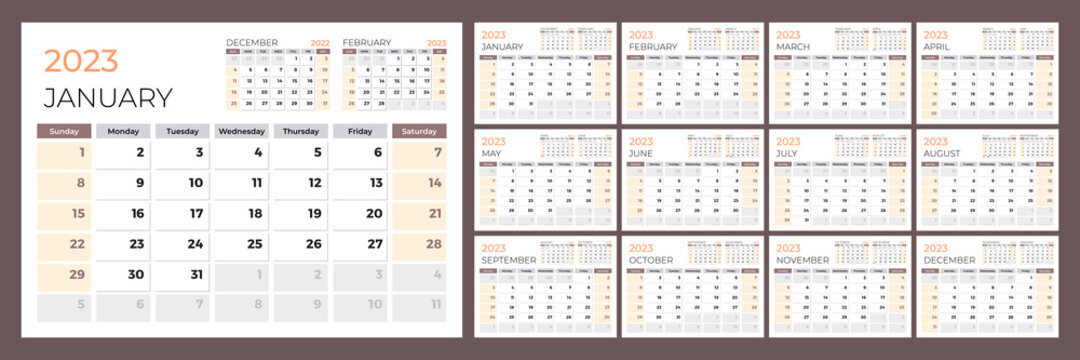 Calendar for 2023. Week starts on Sunday. Set of 12 month pages. Vector design template.