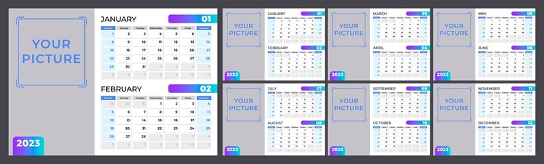 Calendar for 2023. Week starts on Sunday. Set of 12 pages. Vector design template with place for photo.