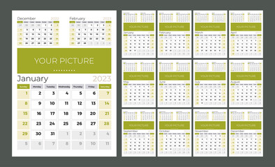Vertical quarterly calendar for 2023. Week starts on Sunday. A set of 12 calendar pages. Vector template with photo.