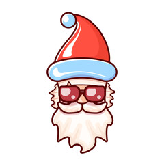 Santa Claus head with Santa red hat and hipster sunglasses isolated on white Christmas background. Santa label or sticker design