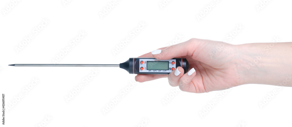 Wall mural digital food thermometer in hand on white background isolation