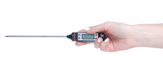 Digital food thermometer in hand on white background isolation