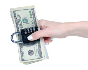 Money dollars and padlock in hand on white background isolation