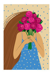 Poster with woman hiding face in a flower bouquet