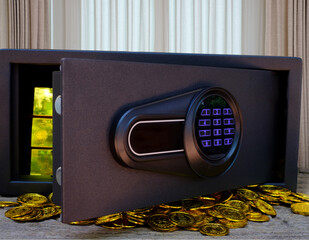 Steel safes box full of coins stack and gold bar on the wooden table