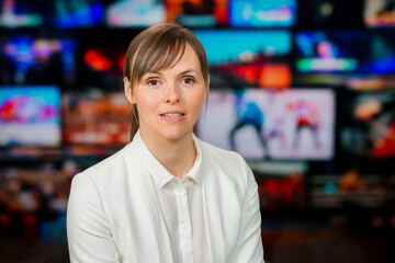 An anchorwoman reporting live breaking news sitting in Tv studio. Background of multiple screens of...