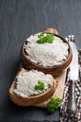 Jewish traditional snack forshmak in wooden bowl