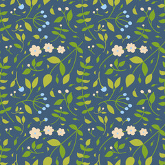 Dark seamless pattern with blue and pink flowers and leaves. For prints, backgrounds, wrapping paper, textile, wallpaper, etc.