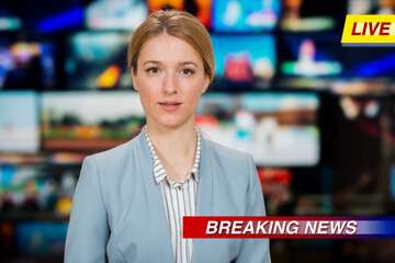 An anchorwoman reporting live breaking news sitting in Tv studio. Background of multiple screens of...