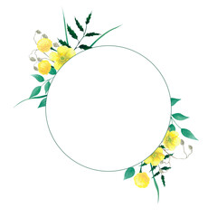 Watercolor round frame with wild flowers. Isolated illustration