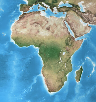Physical map of Africa, with high resolution details. Flattened satellite view of Planet Earth, its geography and topography. 3D illustration - Elements of this image furnished by NASA