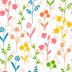 Simple gentle calm floral vector seamless pattern. Small multicolored wildflowers on a white background. For prints of fabric, textile products, stationery, clothing. Seasonal spring summer design.