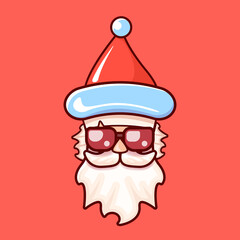 Santa Claus head with Santa red hat and hipster sunglasses isolated on red Christmas background. Santa label or sticker design