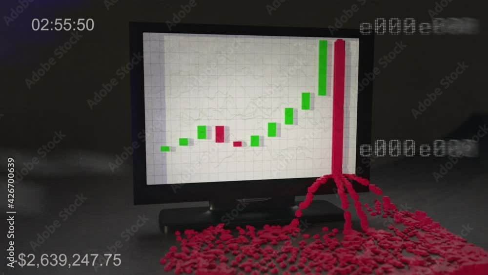 Poster Big losses on leverage stock market chart. 3D Computer Monitor shows extreme price drop and value is falling out of the screen. In corners are price and time - also some random numbers on the right.