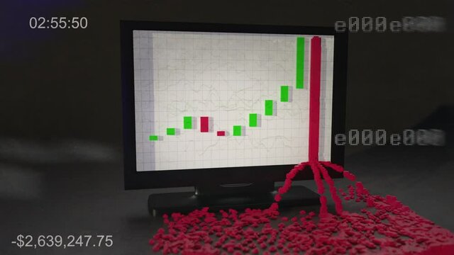 Big losses on leverage stock market chart. 3D Computer Monitor shows extreme price drop and value is falling out of the screen. In corners are price and time - also some random numbers on the right.