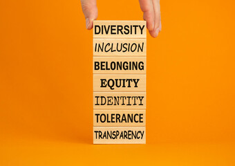 Diversity belonging inclusion equity identity tolerance transparency words written on wooden block....