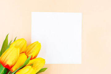 Tulips yellow and orange color with white square paper isolated on orange background with copy space , Top view