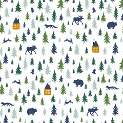 Hand-drawn forest silhouettes seamless pattern with cabins and animals:elk, fox, hare, bear, owl stock illustration.