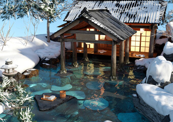 3D Rendering Japanese Winter Spa
