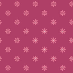 Floral pattern on a dark red background with delicate pink flowers. Seamless cute floral vector background. For wallpaper, fabric, plaid, towel, covers, wrapping paper, clothes, bags, chamomile print