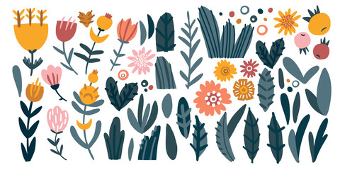 Flowers and leaves hand drawn vector illustration. Artistic flora, colorful plants doodle style drawing. Blooming flower buds and exotic foliage composition isolated on white background