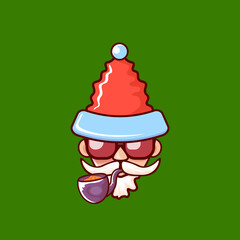 Santa Claus head with Santa red hat, smoking pipe and red hipster sunglasses isolated on green Christmas background. Santa label or sticker design