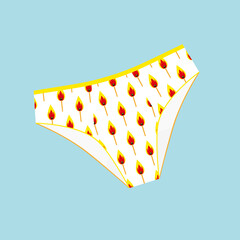 Women's panties with a pattern of burning matches. Underwear isolated on a blue background. Flat cartoon colorful vector illustration. A design element that is perfect for a store, postcard, prints.